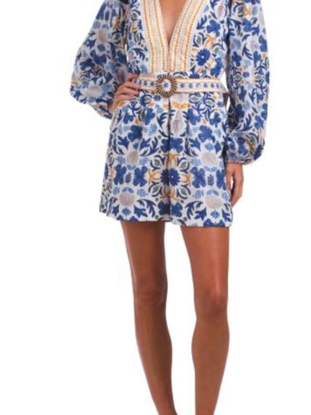 NWT Caroline Constas Blue and Cream Floral V-Neck Romper XS and M